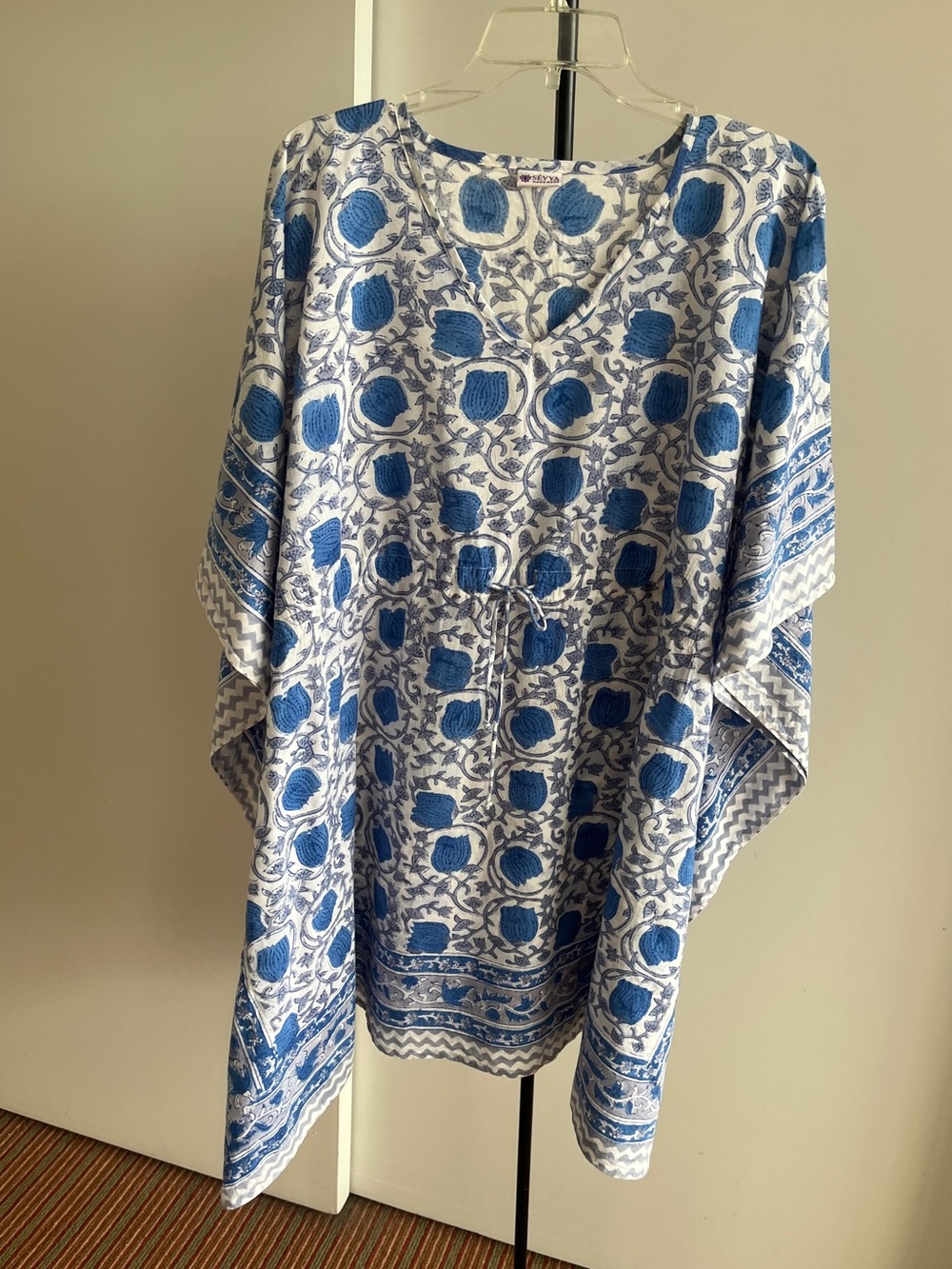Sevya 100% Cotton Beach Dress Tunic Kaftan Loungewear Blue & White Floral 36" L